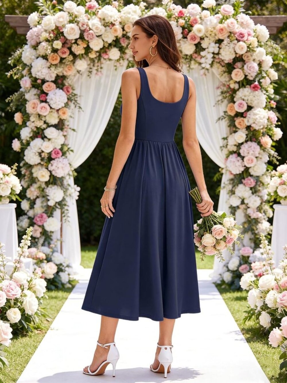 Spring Midi Dress for Women - Square Neck, Sleeveless, A-Line, Casual Sundress - Picture 6 of 7